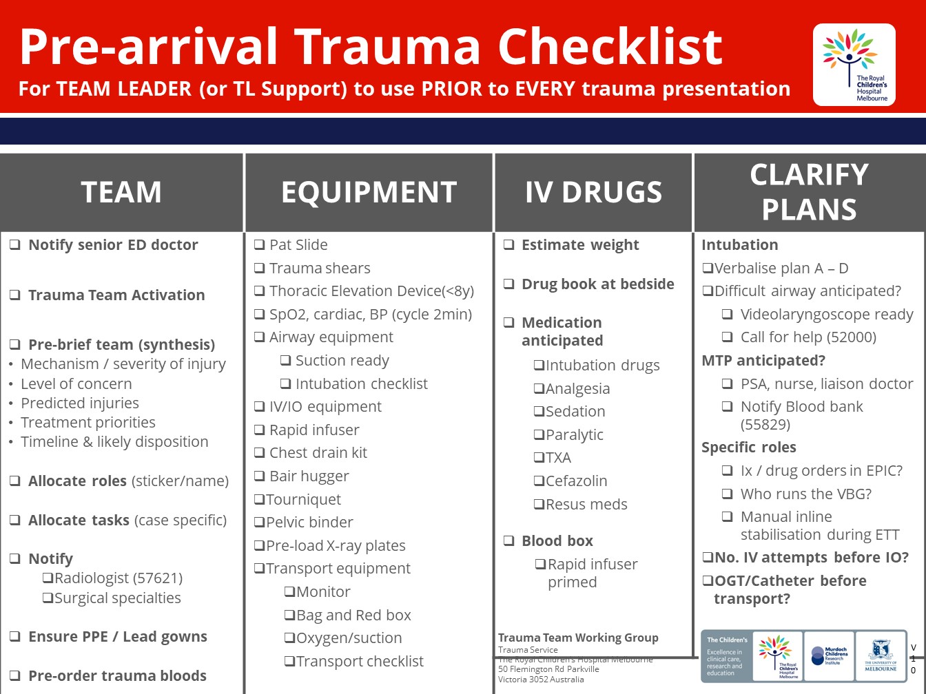 Pre-arrival Trauma Checklist v10+